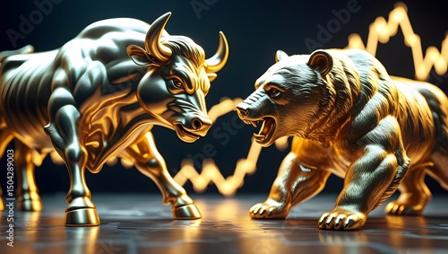 Golden Bull and Bear Statues with Stock Market Chart Background, Symbol of Financial Market Trends, Investment, and Trading