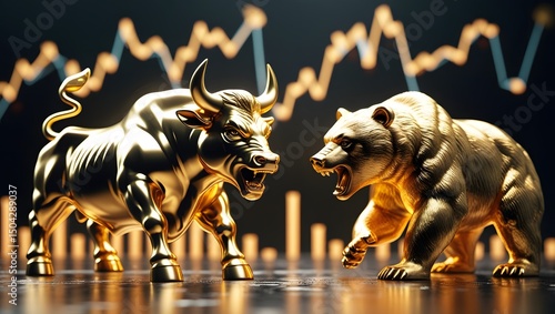 Golden Bull and Bear Statues with Stock Market Chart Background, Symbol of Financial Market Trends, Investment, and Trading