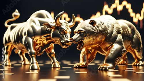 Golden Bull and Bear Statues with Stock Market Chart Background, Symbol of Financial Market Trends, Investment, and Trading