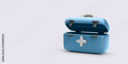 First Aid Kit, Medical Box with Handle and Cross Symbol, Open Lid Design in Blue Color on Light Background. Perfect for Emergency, Healthcare, and Rescue Themes. Vector Illustration.