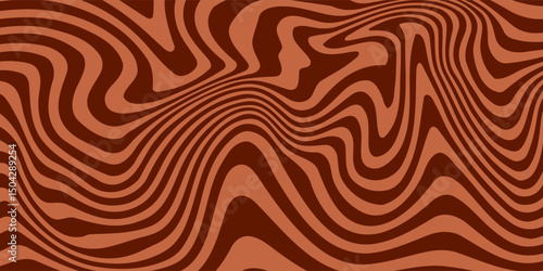 Retro coffee color background. Milk chocolate liquid dessert texture. Wavy swirl candy pattern for poster, cover, banner, pamphlet. Vintage brown trippy hippie wallpaper in 60s or 70s style. Vector