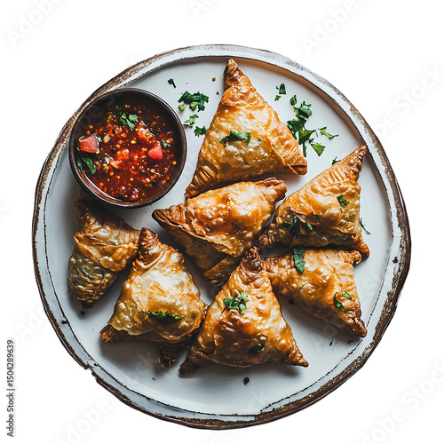 Crispy Fried Samosas with Spicy Dipping Sauce isolated on transparent background