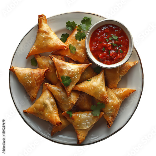 Crispy Samosas with Spicy Dipping Sauce isolated on transparent background