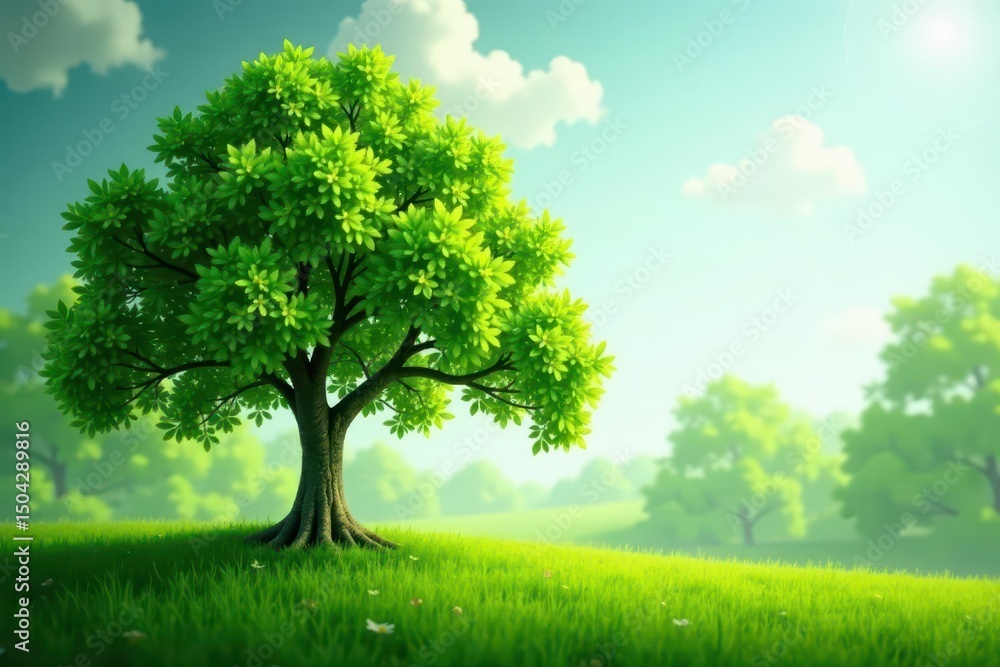Green tree sharply in focus, sky bokeh background, nature light, forest, flora, crisp Green tree sharply in focus, sky bokeh background, nature light, forest, flora, crisp