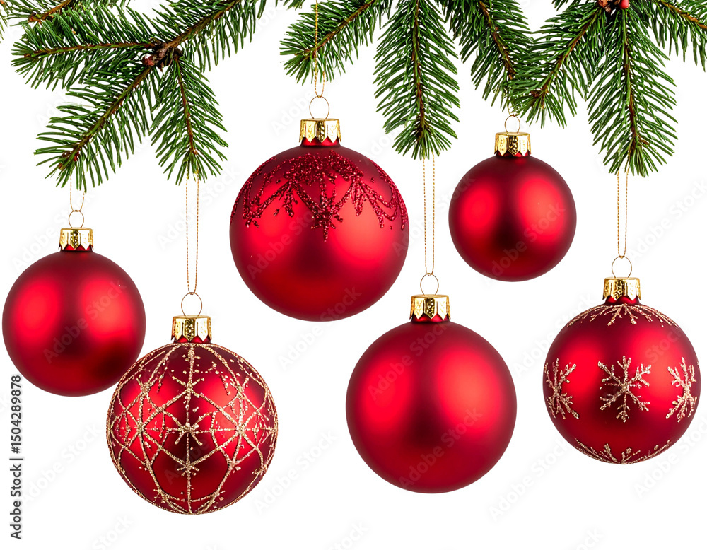 A decorative set of red Christmas tree ornaments paired with lush pine branches, traditional holiday colors and festive theme, isolated on a transparent background. A decorative set of red Christmas tree ornaments paired with lush pine branches, traditional holiday colors and festive theme, isolated on a transparent background.