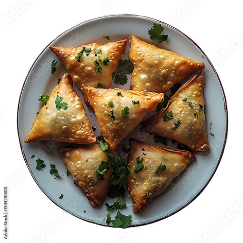 Golden Fried Samosas with Fresh Cilantro isolated on transparent background