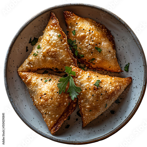 Four Golden Fried Samosas on Plate isolated on transparent background