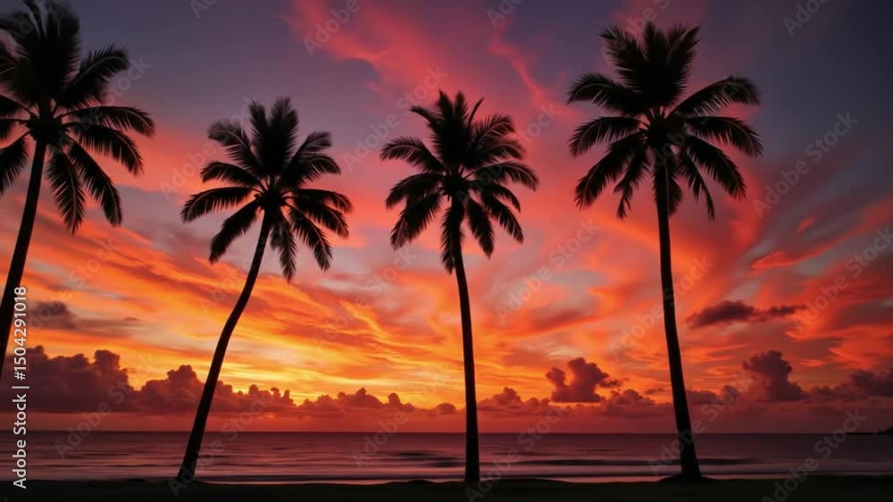 Palm trees silhouetted against vibrant sunset sky at the beach  