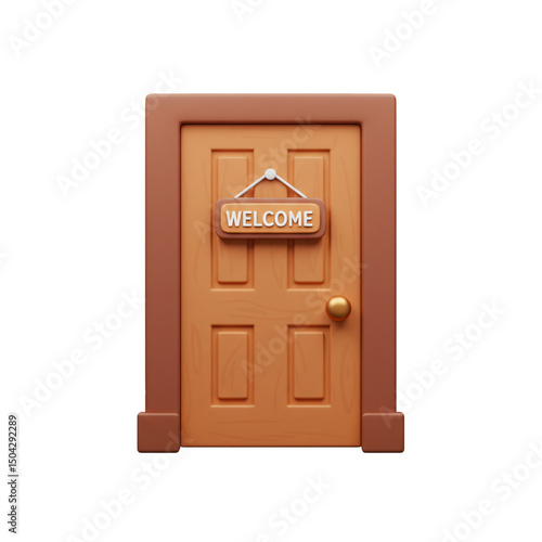Charming 3D illustration of a wooden door with a welcoming sign inviting entry