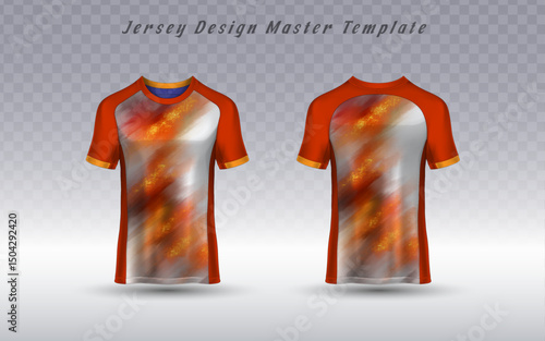 Dynamic sports jersey template featuring an orange gradient with red, yellow, and white hues. Front and back views included, ideal for custom apparel branding and team uniforms.