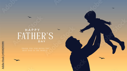 Happy Father's Day with dad and children silhouettes. Vector greeting card with a nice message of Father's Day. Happy Father's day greeting illustration.
