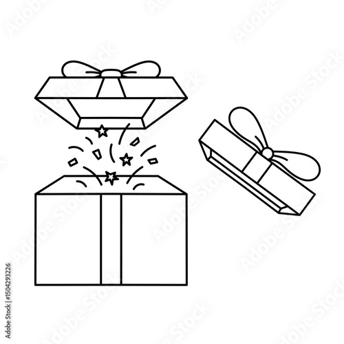 Vector line art of gift boxes with ribbon, includes open and closed versions. Suitable for birthdays, celebrations, and holidays.