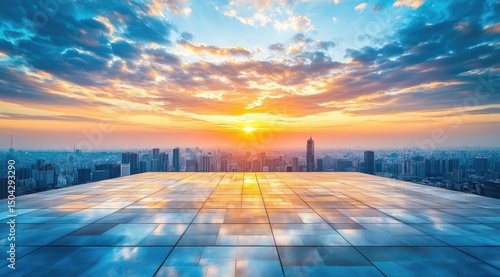 Empty rooftop overlooking a cityscape at sunset