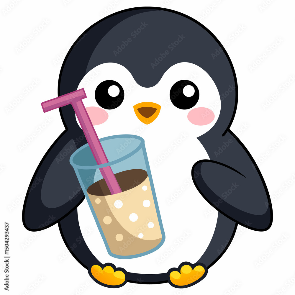 Obraz premium Cute cartoon arctic penguin character with funny glasses and a happy winter ice drawing
