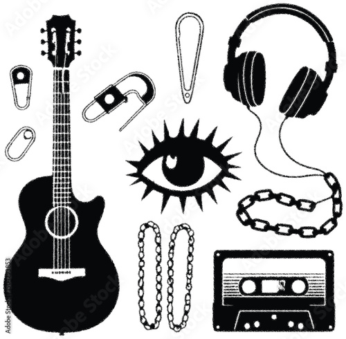 A vibrant vector set of isolated musical instruments including rock guitars, bass, and string instruments for your band