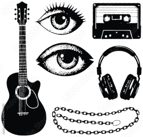 A vibrant vector set of isolated musical instruments including rock guitars, bass, and string instruments for your band