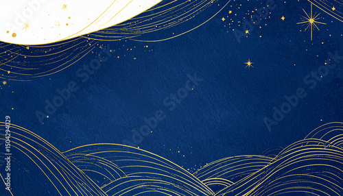 七夕の夜空を描いた紺色の幻想背景, Fantasy Night Sky of Tanabata with Gold Sparkles
