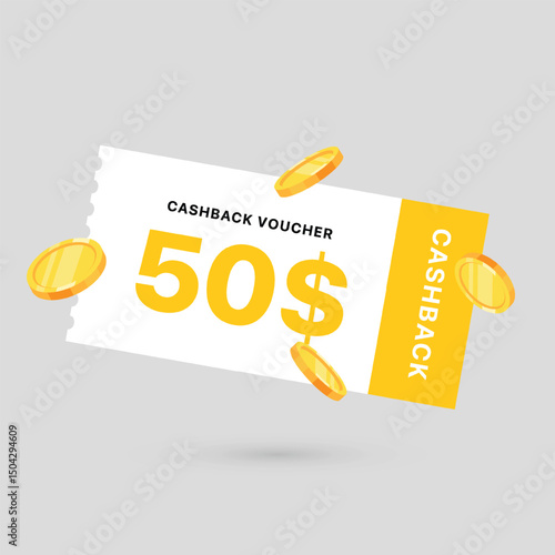 50 dollar coupon gift voucher, cash back banner special offer. Vector illustration