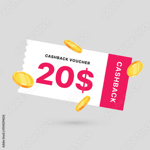 20 dollar coupon gift voucher, cash back banner special offer. Vector illustration