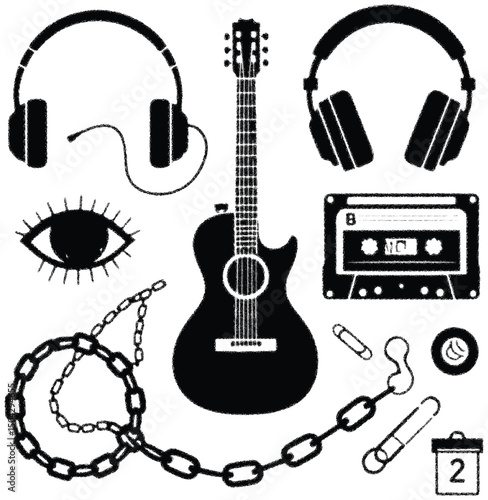 A vibrant vector set of isolated musical instruments including rock guitars, bass, and string instruments for your band