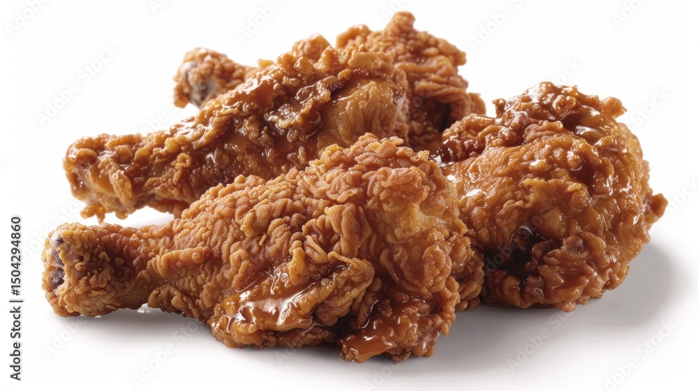 The fried chicken to a golden brown and coated in a rich, glossy sauce, likely sweet and savory. The fried chicken to a golden brown and coated in a rich, glossy sauce, likely sweet and savory.