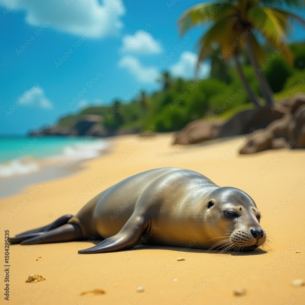 Fototapeta premium Harbor seal naps on golden sand, palm trees in background, fauna, mammal, sealife