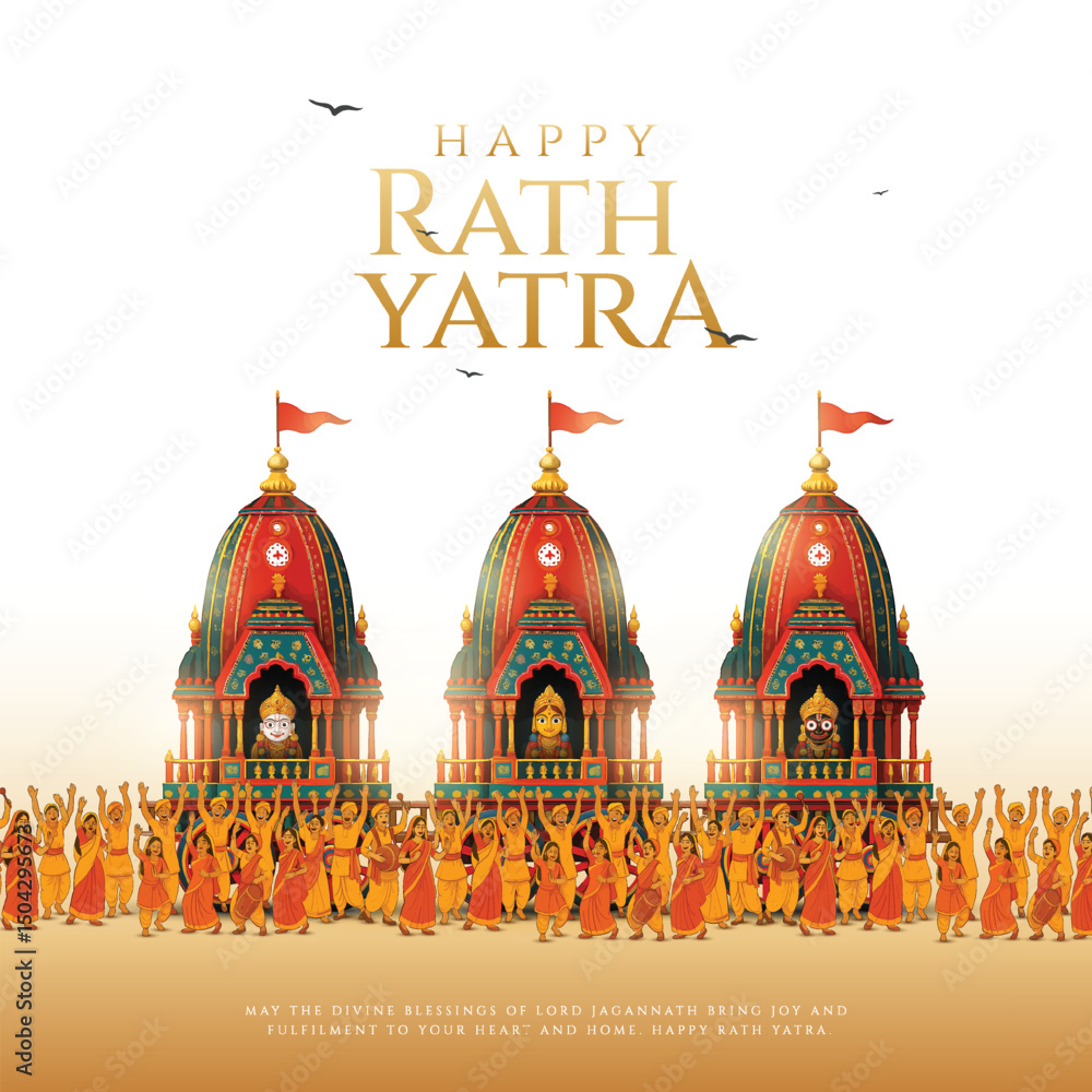 Fototapeta premium Indian festival Ratha Yatra of Lord Jagannath, Balabhadra and Subhadra on Chariot with people. new abstract vector illustration design. Rath Yatra Lord Jagannath festival Holiday background.