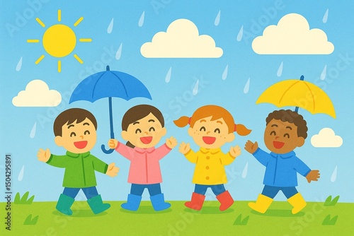 晴れ間の雨空と笑顔の子どもたちイラスト