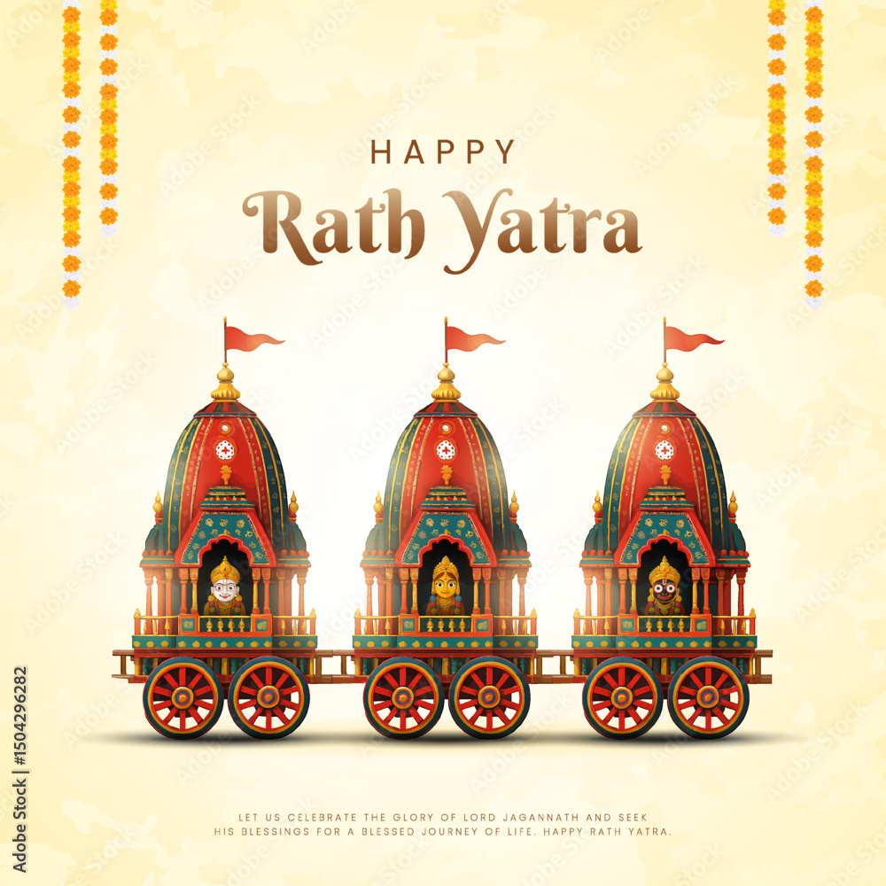 Fototapeta premium Indian festival Ratha Yatra of Lord Jagannath, Balabhadra and Subhadra on Chariot with people. new abstract vector illustration design. Rath Yatra Lord Jagannath festival Holiday background.