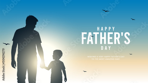 Happy Father's Day with dad and children silhouettes. Vector greeting card with a nice message of Father's Day. Happy Father's day greeting illustration.