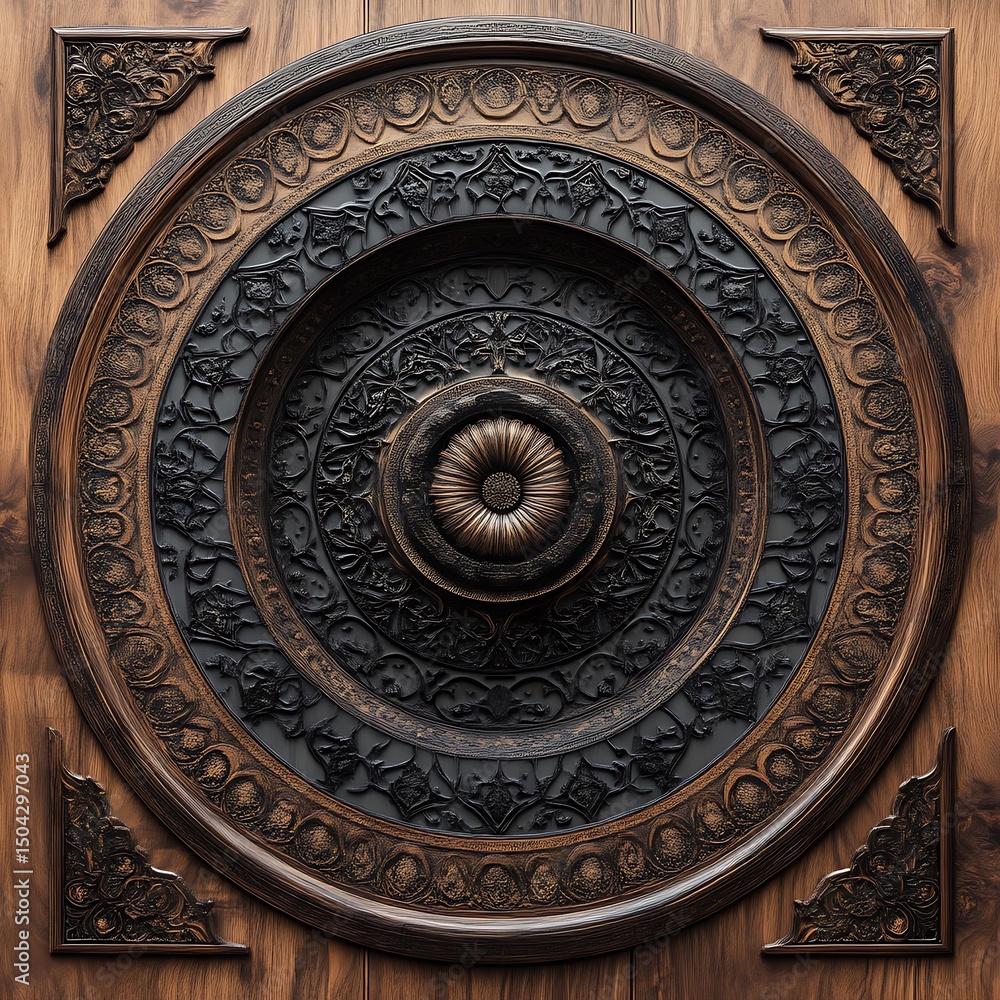 Naklejka premium A beautifully carved circular wooden panel with intricate detailing and design