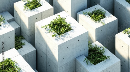 Urban jungle of concrete cubes, nature thriving in geometric structures