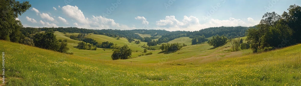 Fototapeta premium Rolling green hills sunny meadow landscape pastoral scene
