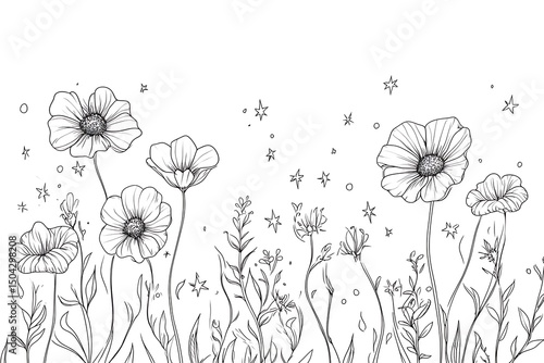Floral Outline Field with Stars & Circles Doodles, Line Art Meadow, Wildflower, Line