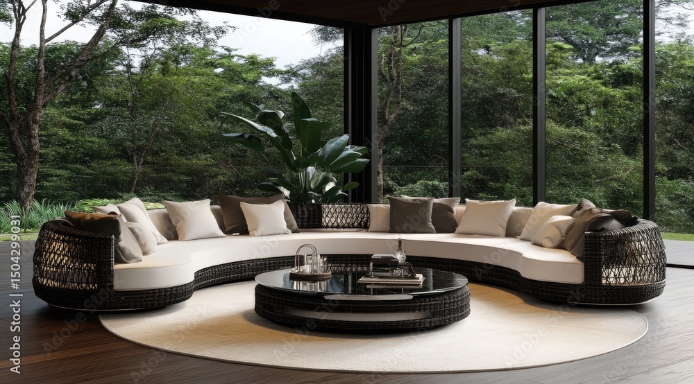 Fototapeta premium Curved outdoor seating area with panoramic views