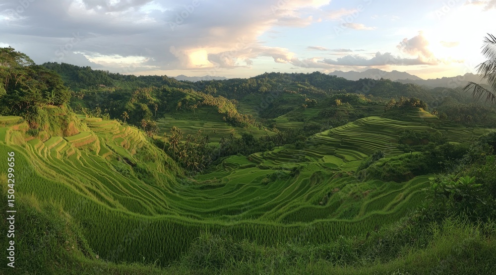 Fototapeta premium Lush terraced rice paddies, winding through verdant hills under a dramatic sky