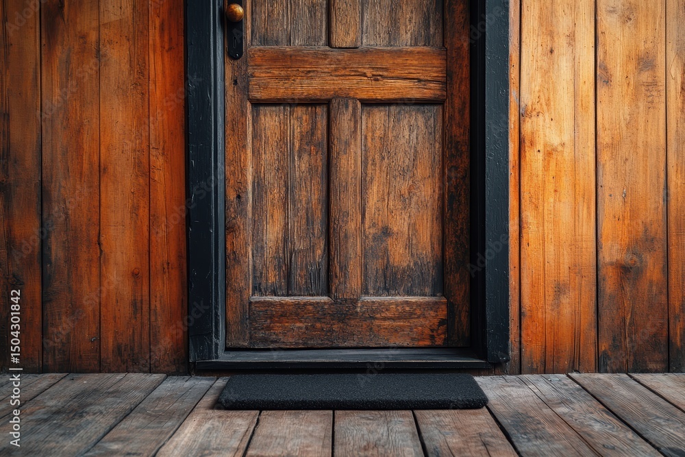 Minimalistic elevated view of a wooden door with a black doormat on wooden flooring Minimalistic elevated view of a wooden door with a black doormat on wooden flooring