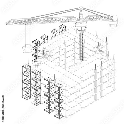 A building is being constructed with scaffolding and cranes. The building is a large, multi-story structure with many levels. The construction process is in progress, and the workers are busy at work
