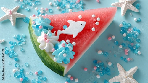 Watermelon slice with shark decoration, pearls, and whipped cream on blue background