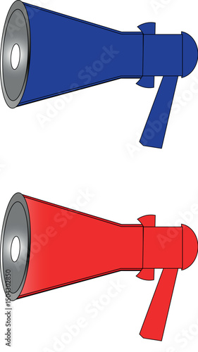 Red and blue megaphone icons with ribbons for cheerleading announcement and communication concept design

