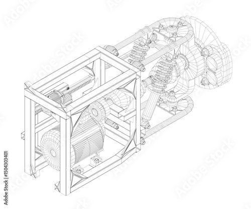 A drawing of a car engine with a lot of detail. The drawing is in black and white and is very detailed