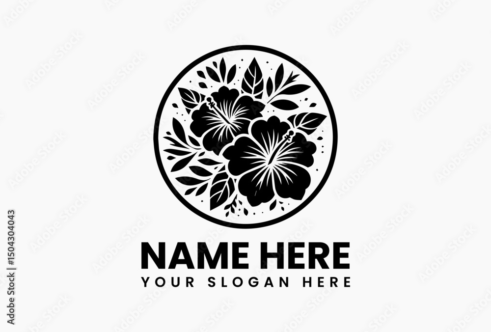Elegant circular floral wreath with blooming flowers and foliage black and white vector logo. Botanical artistry emblem Elegant circular floral wreath with blooming flowers and foliage black and white vector logo. Botanical artistry emblem