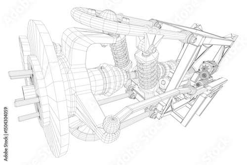 A drawing of a car engine with a lot of detail. The drawing is in black and white and is very detailed