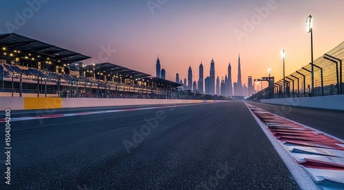 Empty race track at dawn, city skyline in the background