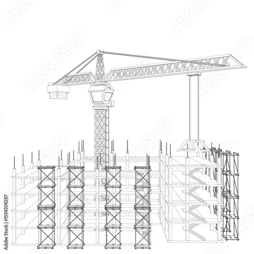 A crane is lifting a large object. The crane is tall and has a long arm. The crane is surrounded by scaffolding, which is used to support the workers who are working on the building