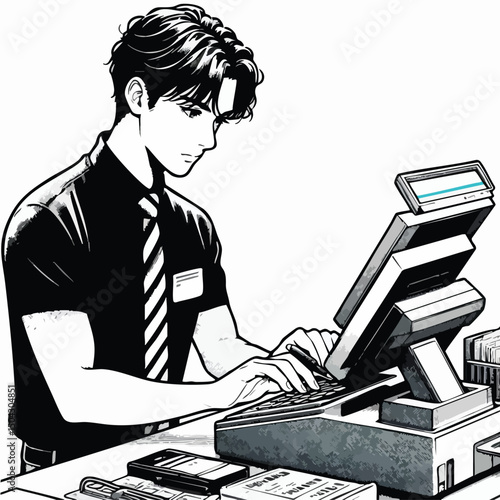 a cashier is working in front of the cash register