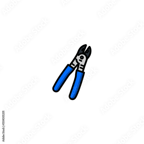 Blue handled pliers cuts wire on white backdrop detailed design