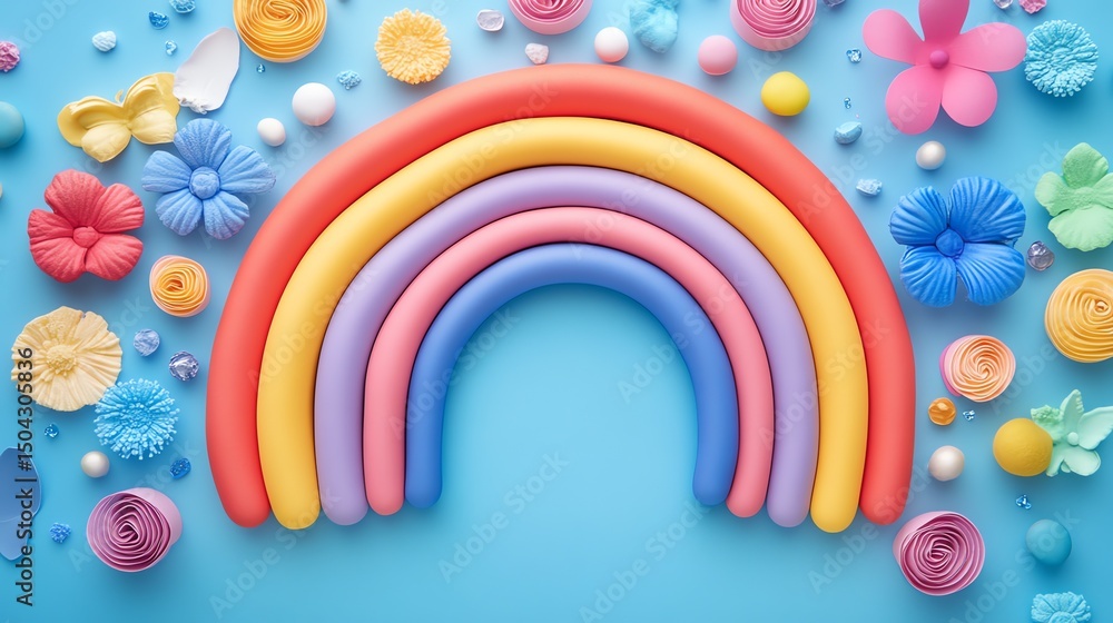 Fototapeta premium A vibrant, cheerful composition featuring a colorful rainbow surrounded by playful floral and spherical elements on a bright blue background.