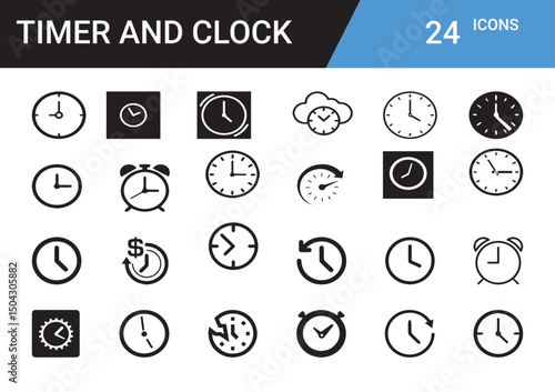 Time Management Icons: A collection of elegant, minimalist icons showcasing various clock designs and timer functions, perfect for illustrating the concept of time, schedules, and deadlines.