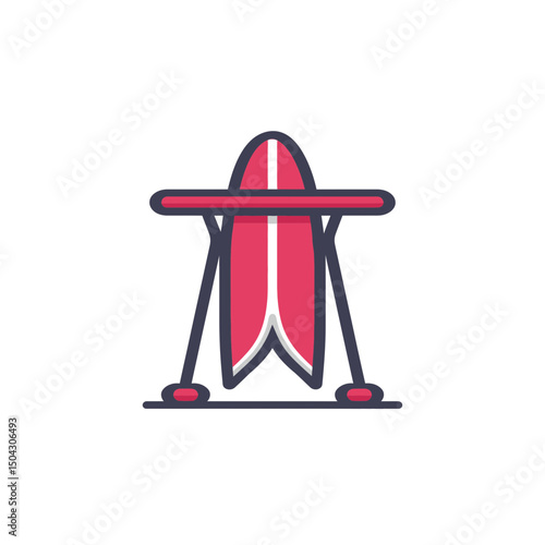 Surfboard stands vertically indoors holding board stylishly